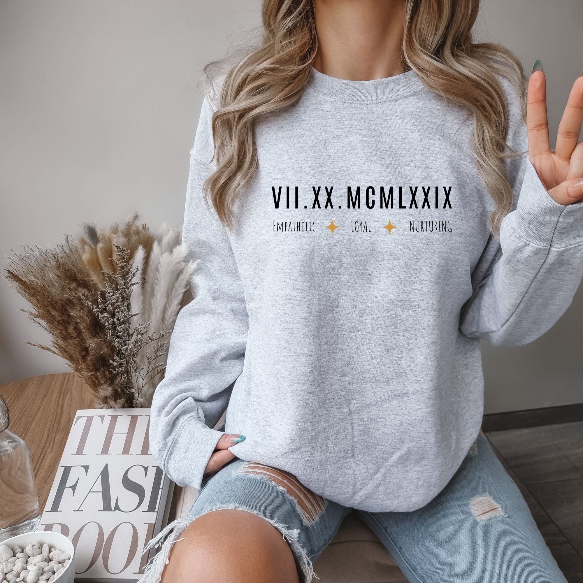 Roman Numerals Personalized DOB Sweatshirt - Positive Signs